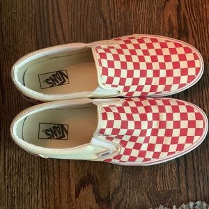 VANS mens red/white checkered slip-on. Size 12 Great Shape.  Worn a few times.